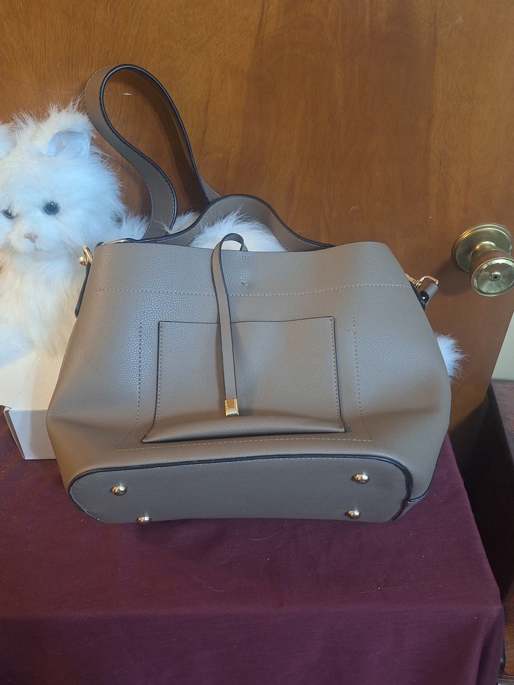 Taupe Pebbled Bucket Tote with Front Pocket and Gold Accents